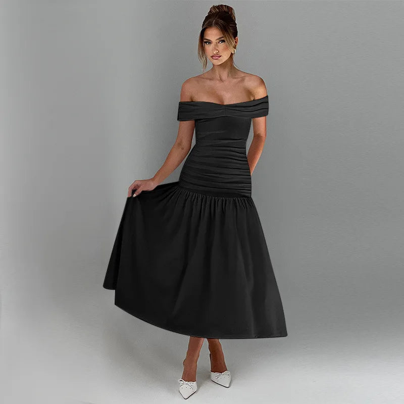 Women's Ruched One-Shoulder Party Long Sleeveless High Waist A-Line Dress