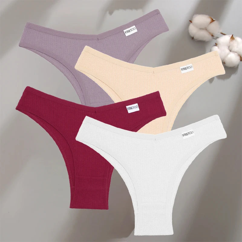 Women's 4Pcs Cotton Breathable Underwear Panties Low-Waist Waffle G-string Stretch Briefs Soft Lingerie