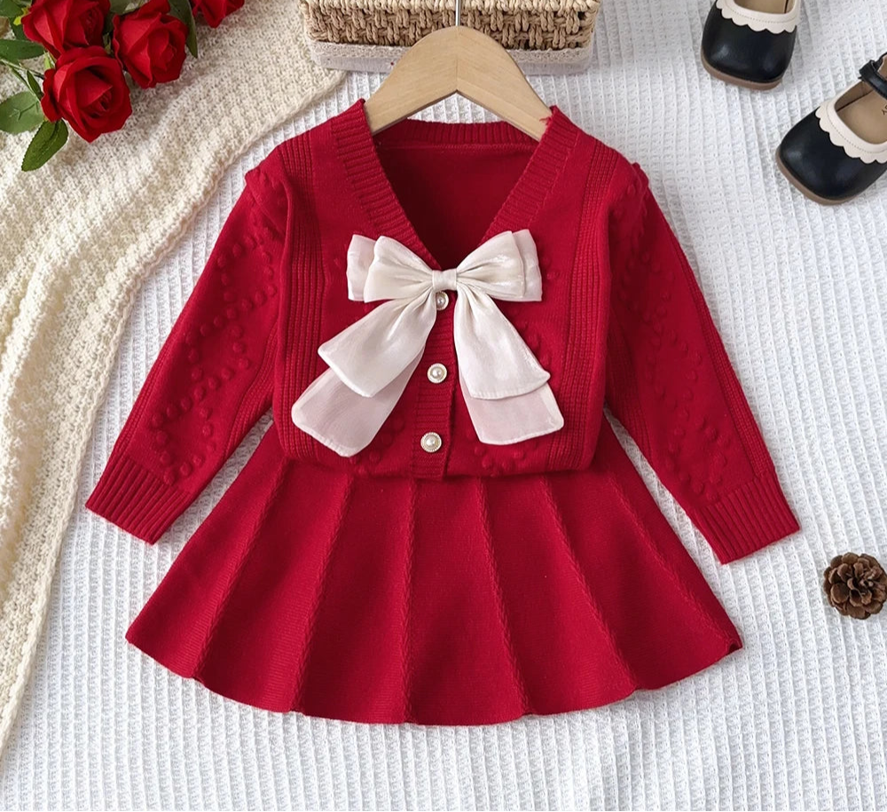 Girl's Winter Set V-neck Bow Sweater Top and pleated A-line Skirt 2-piece Set