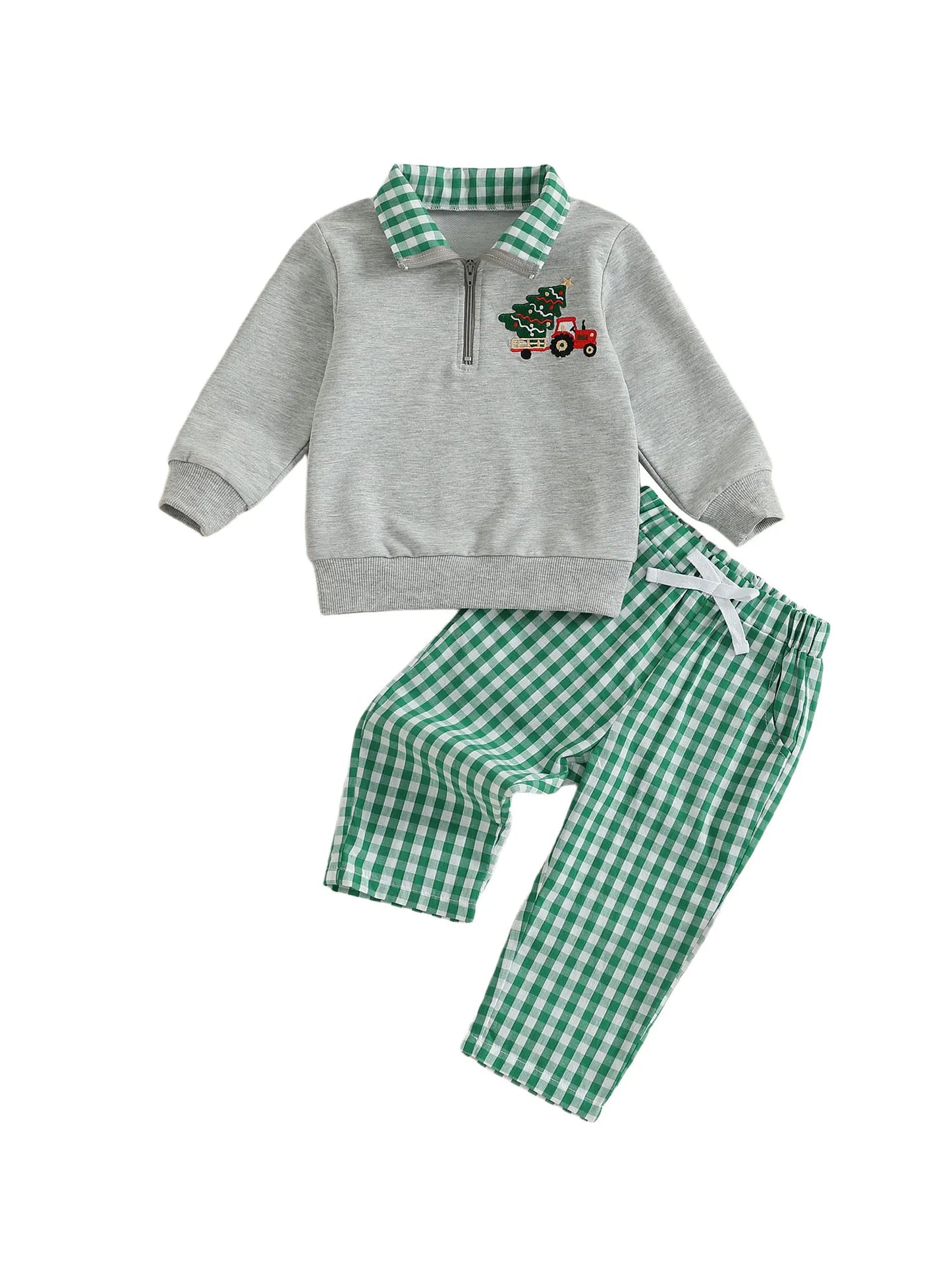 Baby Boys Christmas Clothes Set - Xmas Tree Embroidery Zip Pullover & Plaid Pants