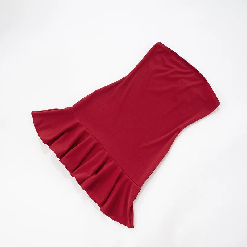 Women's Ruffled Strapless Mini Dress - Red Backless Bodycon with Neck Scarf