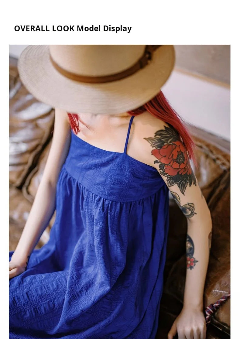 Women's Blue Seersucker Sleeveless A-Line Beach Dress - Summer Vacation Strappy Slip Dress