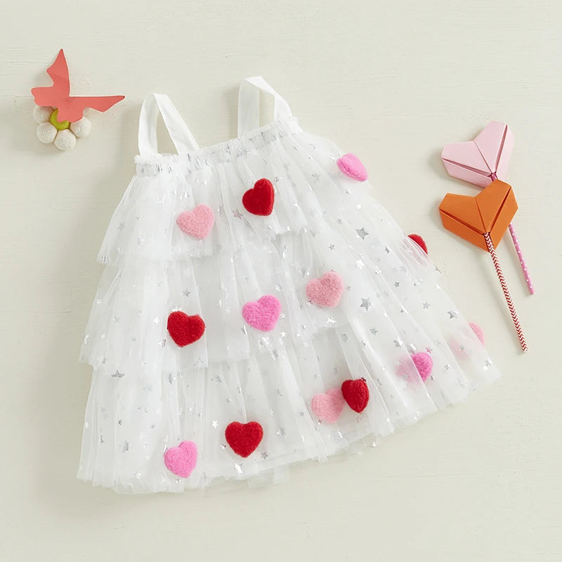 Girl's Festive Dress - Star Lace Layered Tulle Sundress with Plush Ball