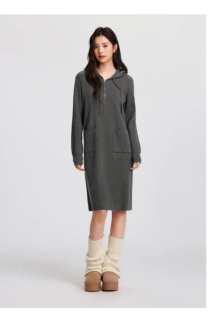 Women's Knit Hoodie Dress - Slim Fit Textured Mid-Length Winter Casual Style