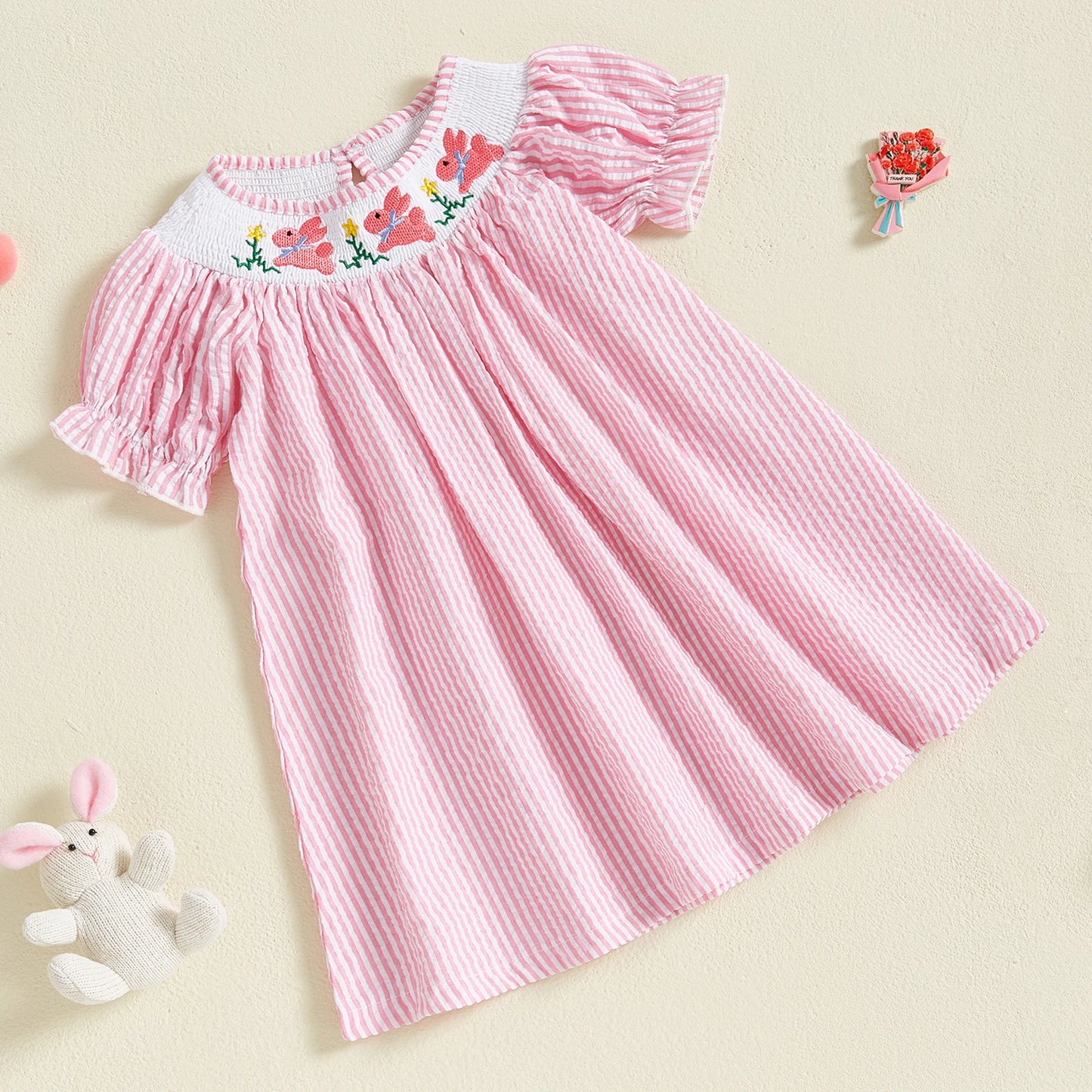 Baby Girls Easter Rabbit Embroidery Romper Dress - Striped Puff Sleeve Outfit