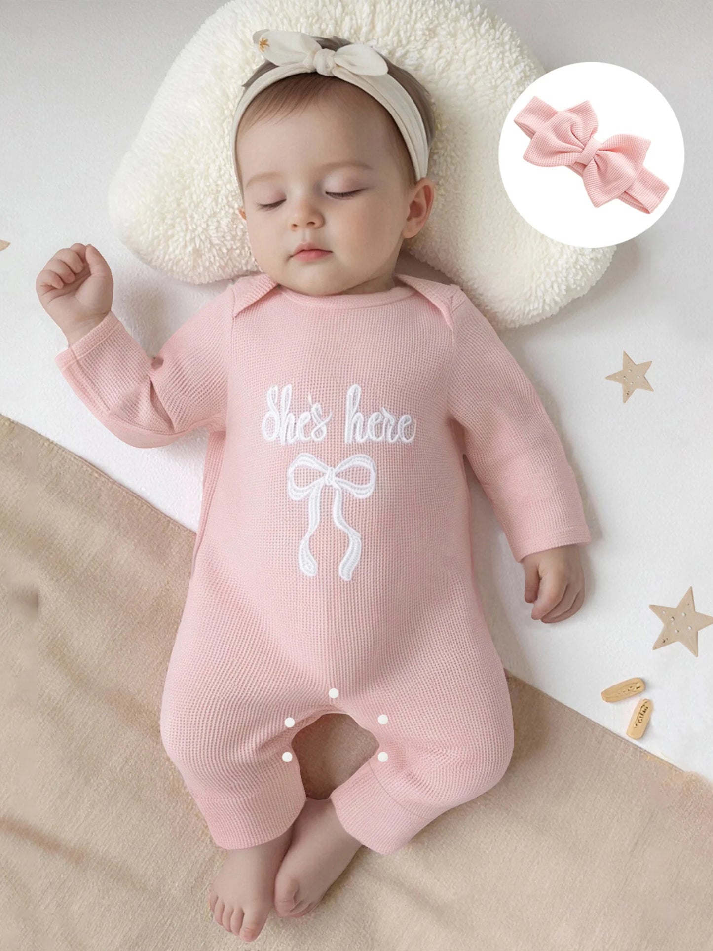 Newborn Baby Fall Winter Romper - Bow Letter Print Waffled Jumpsuit with Headband (0-6M)