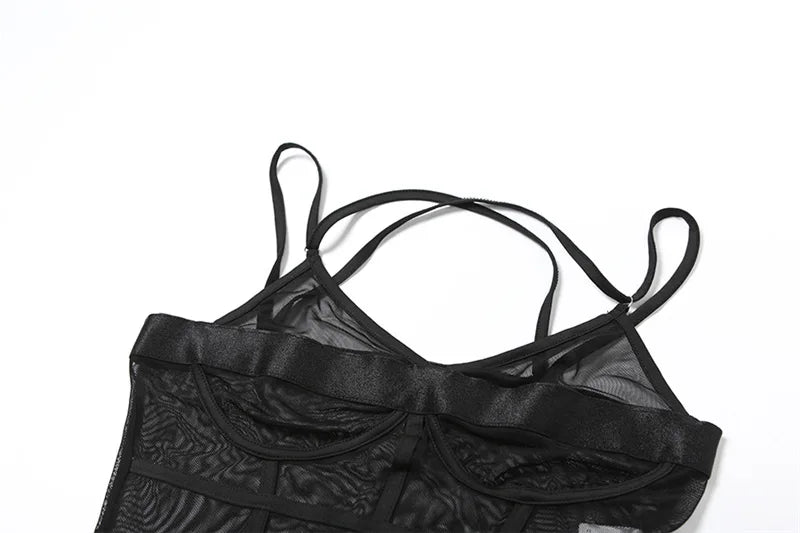 Backless Mesh Sheer Bodysuit - Women Elegant Sleeveless See Through One Piece Bodysuit