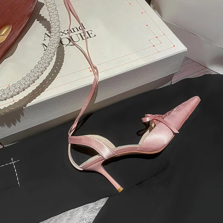 Women's Satin High Heel Sandals Strap 7cm Heel Sandals Bow Pointed Shoes