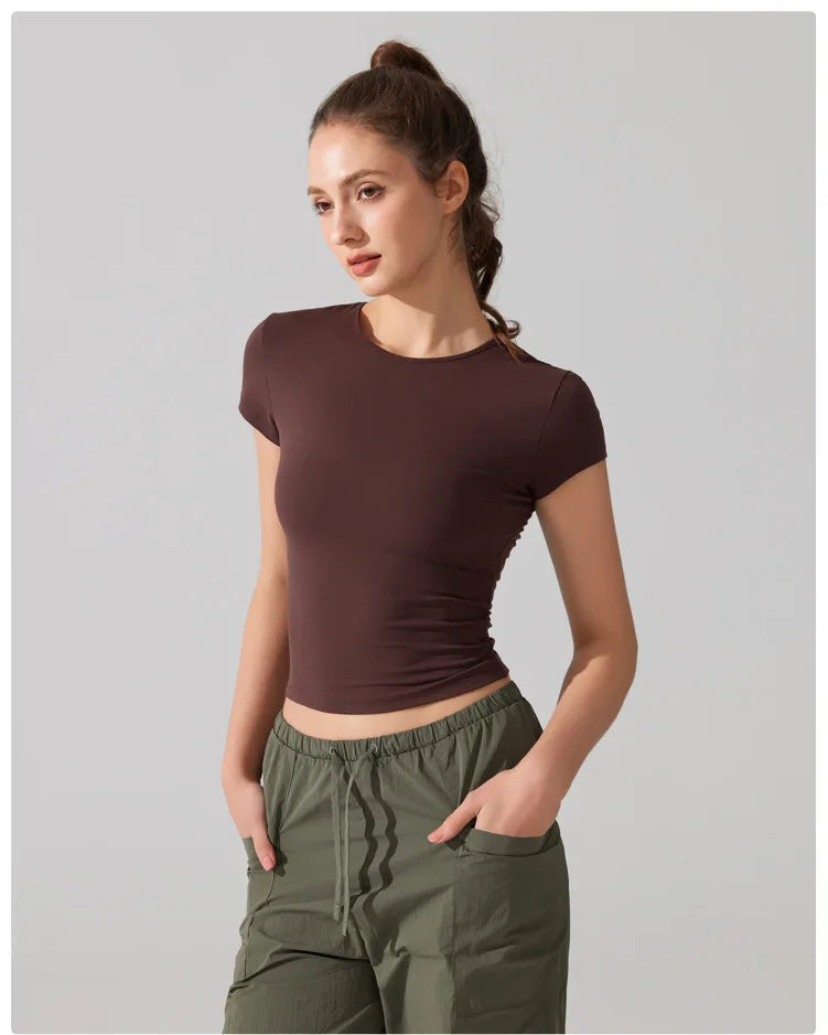 Women's Summer Short Sleeve Yoga T-Shirt Solid Color Slim Fit Gym Running Top Round Neckline Breathable Quick Dry Fitness Sportswear