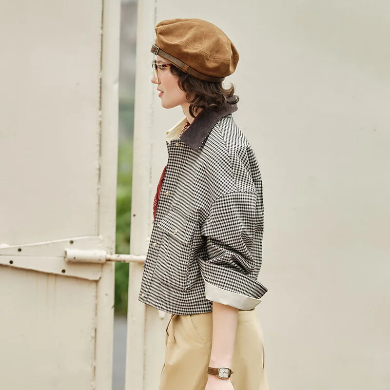 Women's Cropped Plaid Jacket - Turn Collar Loose Fit Autumn Fashion Coat