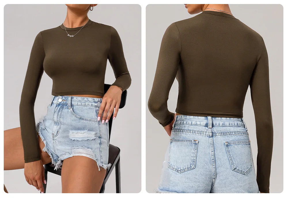 Women's Slim Fit Yoga Shirt Solid Colour Long Sleeve Gym Running Top Breathable Quick Dry Workout Crop Top Sportswear