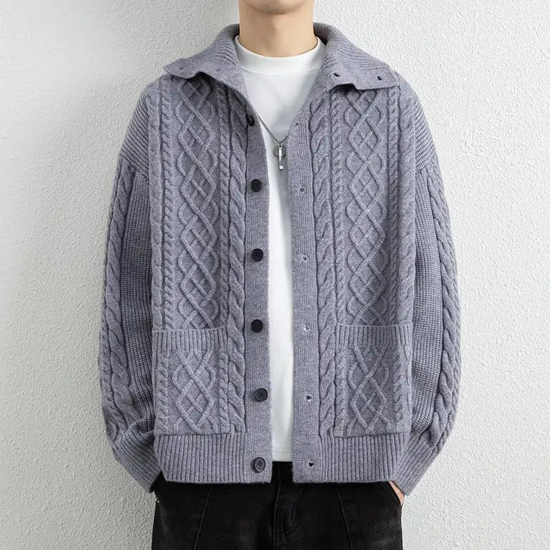 Men's Autumn Turn-Down Collar Cardigan - Single Breasted Knit Sweater Coat