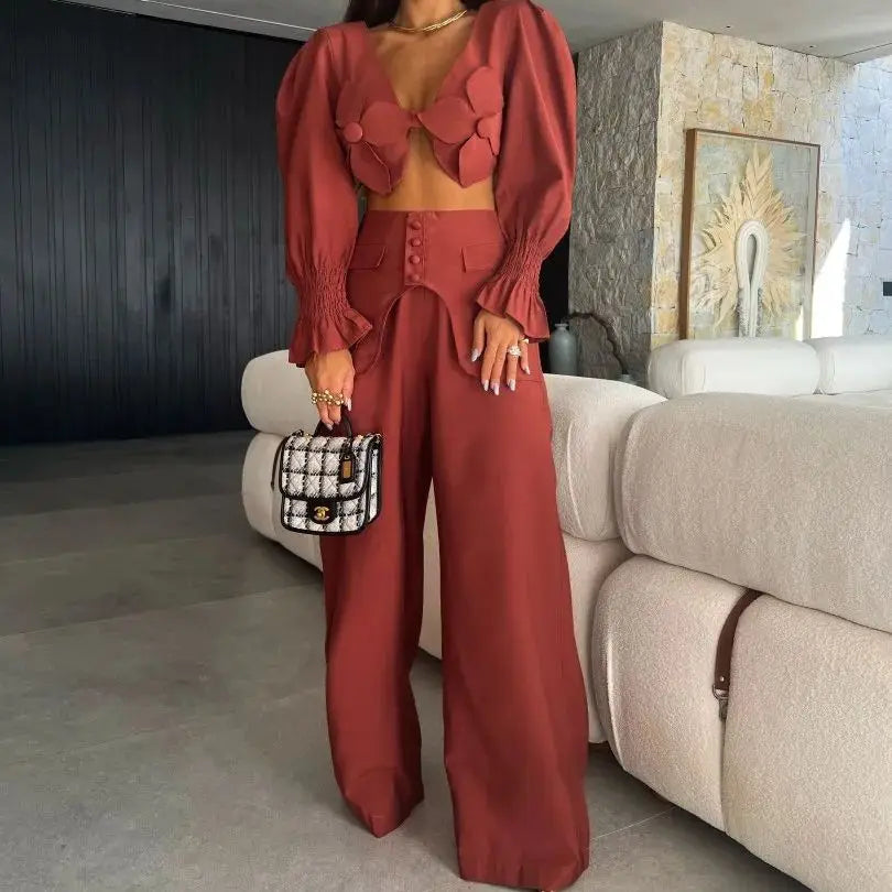 Women's Two Piece Set With Pants Summer Long Sleeve Short Top Wide Leg Pants Set