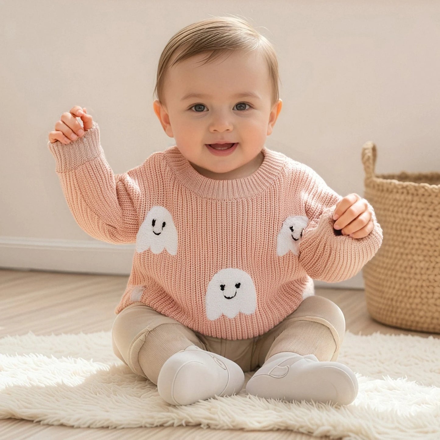 Kids Halloween Knit Sweater with Ghost Embroidery (0-4Y)