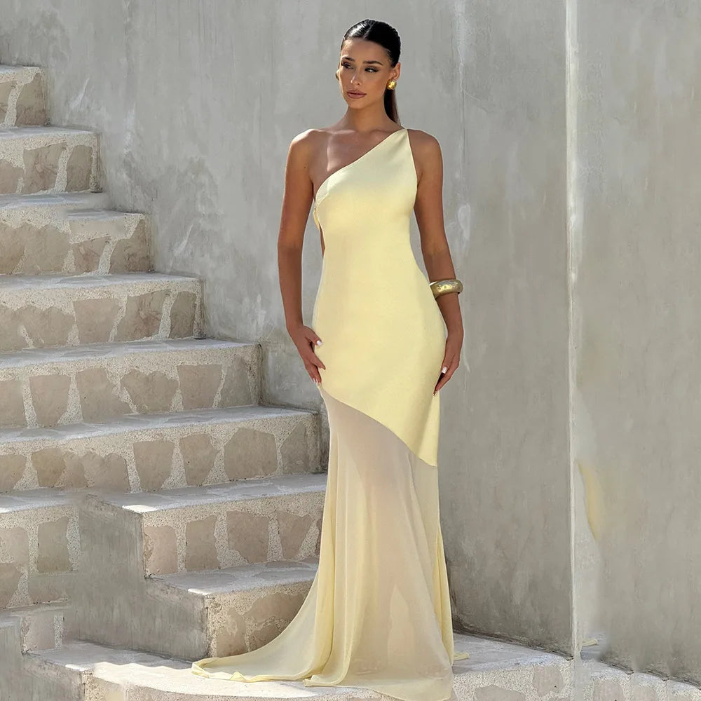 Women's Elegant Asymmetrical Backless Maxi Dress - Bandage Sleeveless Mesh