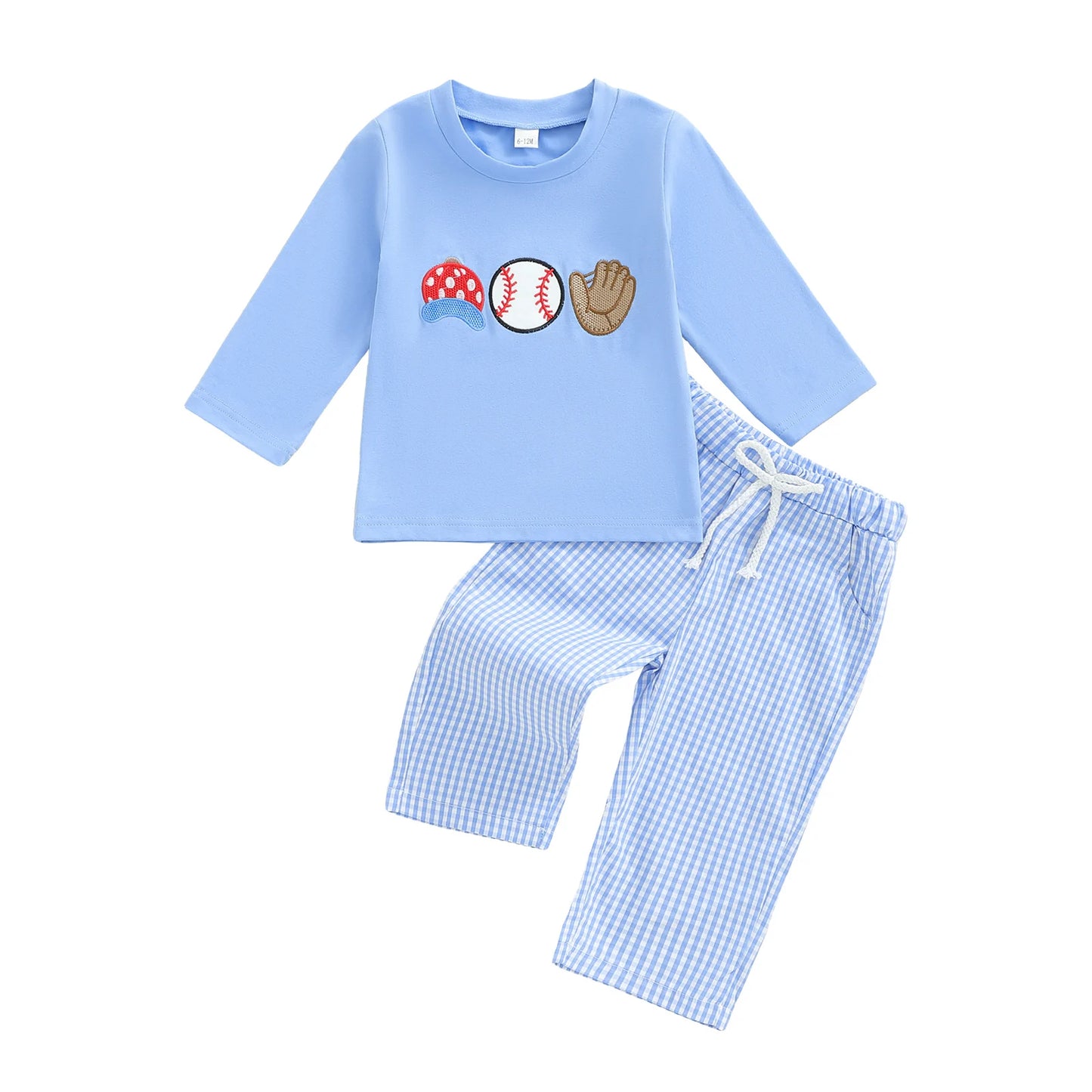 Autumn Winter Baby Boys Clothing Set - Baseball Embroidery Sweatshirt & Plaid Pants