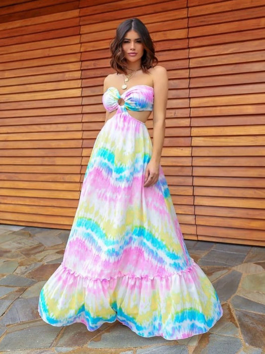 Women's Colourful Print Halter Tie Up Strapless Naked Waist A-line Maxi Summer Dress