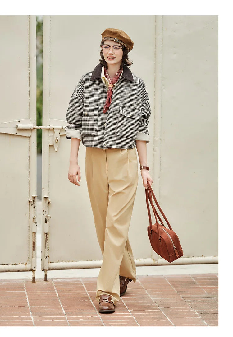 Women's Cropped Plaid Jacket - Turn Collar Loose Fit Autumn Fashion Coat