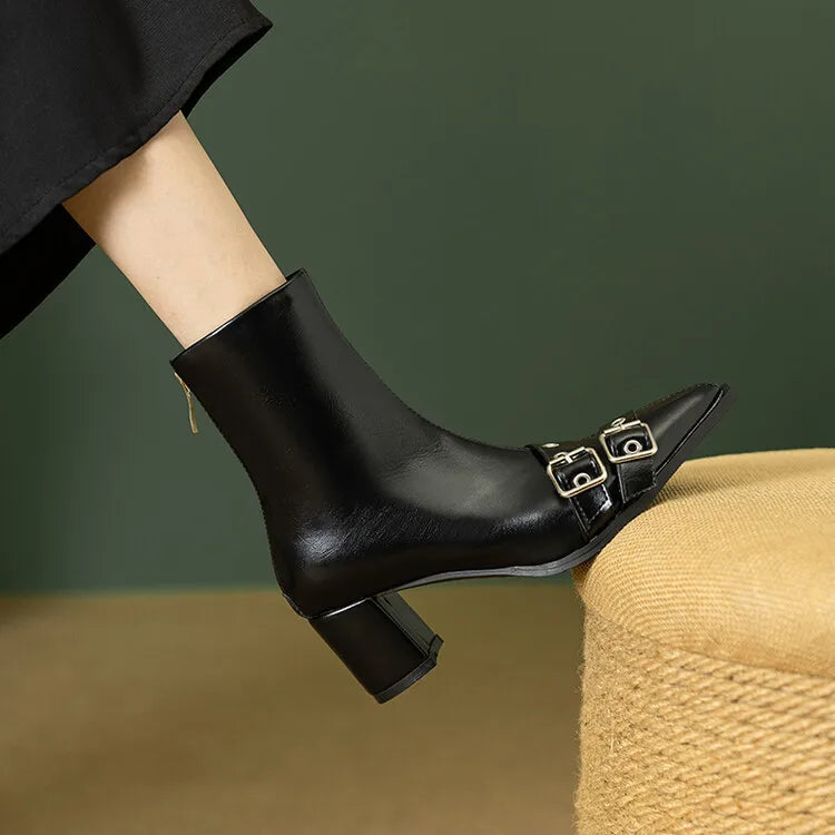 Women's Leather Metal Belt Buckle Short 6cm Square Heel Rivet Boot Back Zipper Boots