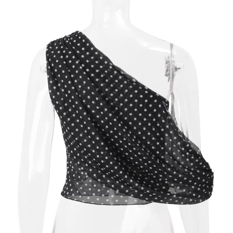 Women's Chiffon Polka Dot Summer Outfit Cropped Asymmetrical Basic Top