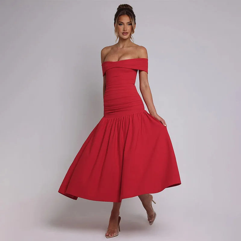 Women's Ruched One-Shoulder Party Long Sleeveless High Waist A-Line Dress