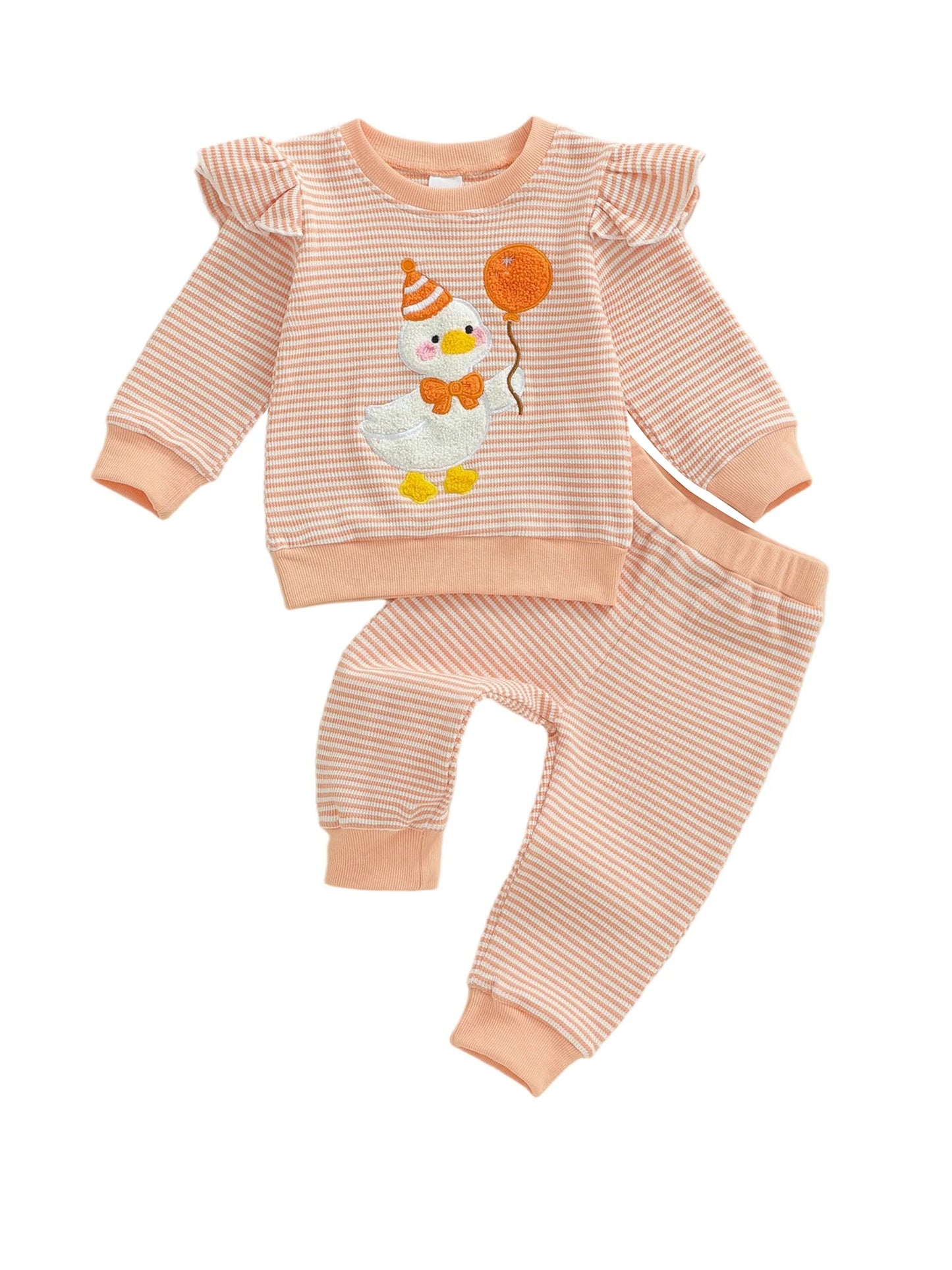 Baby Girls Goose Embroidered Striped Outfit Set (0-4Y)