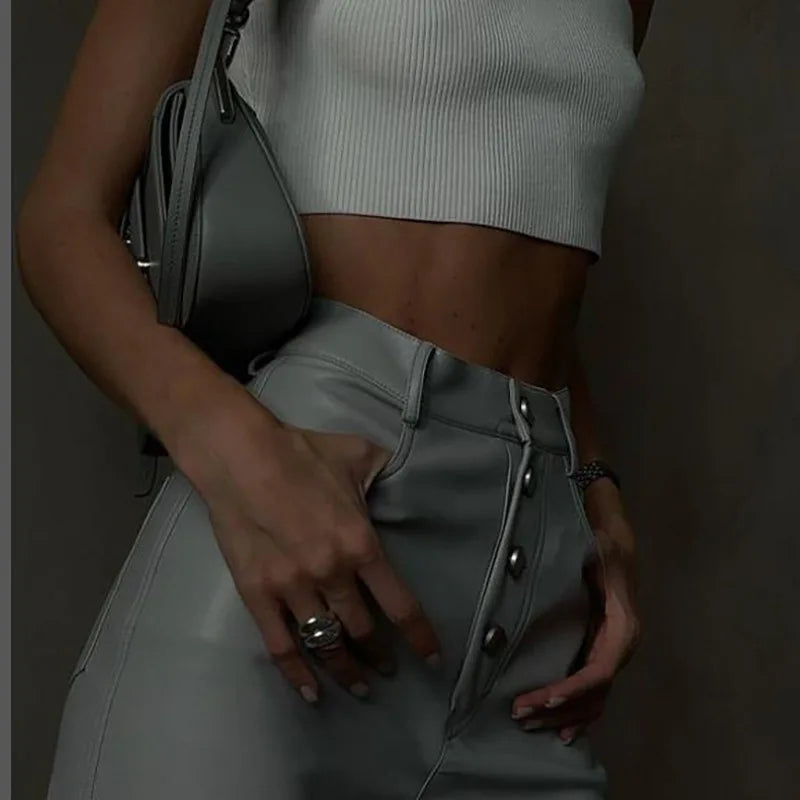 Women's PU Leather High Rise Button Up Straight Leg Trousers