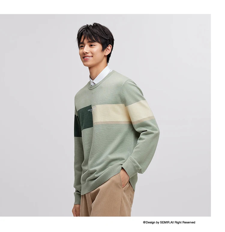 Men's Color Block Knit Sweater - Thermal Embroidered Pullover Winter Style