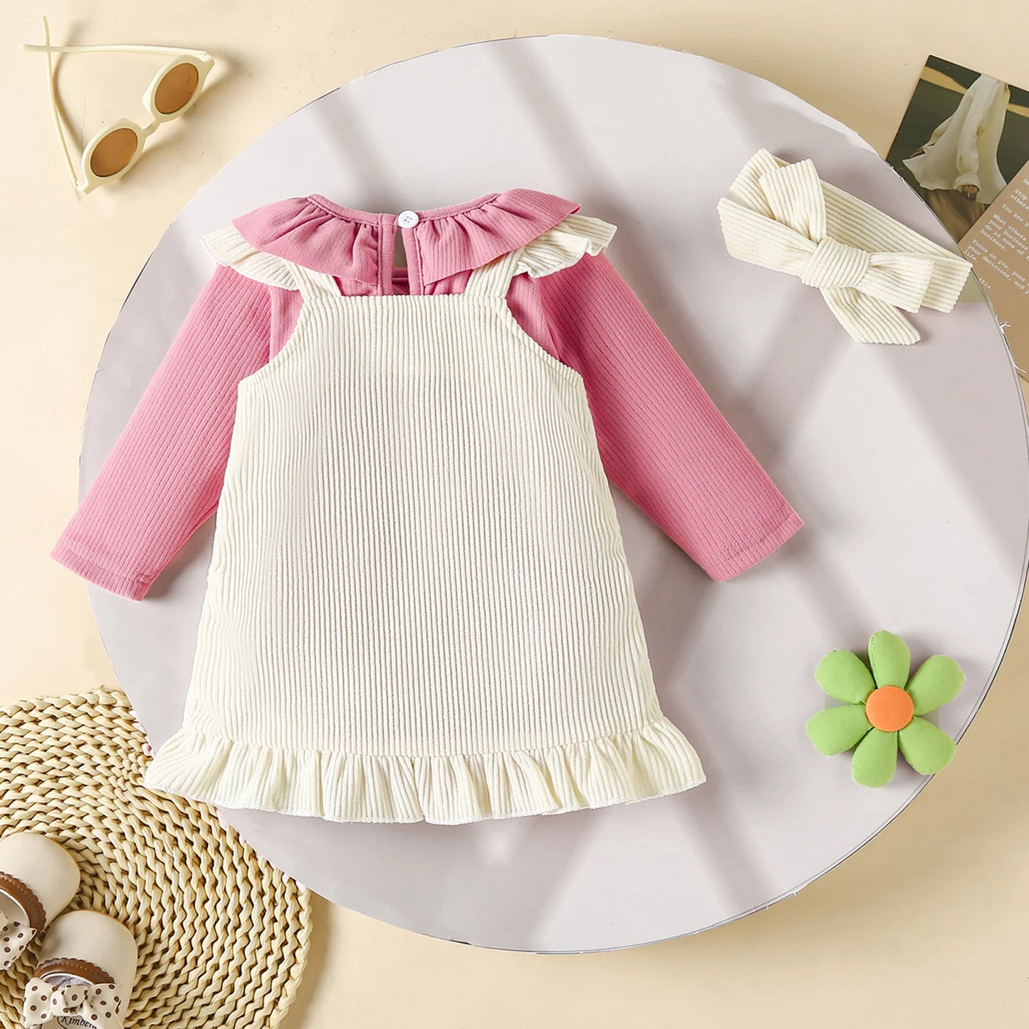Baby Girls Sunflower Embroidery Outfit Set - Ruffled Long Sleeve Romper Dress & Bow Headband (0-18M)
