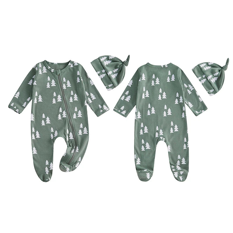 Newborn Christmas Romper Set with Hat - Xmas Tree Print Zip-Up Footed Jumpsuit