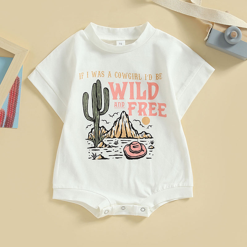 0-24M Infant Baby Girls Western Romper Short Sleeve Letter Cactus Cowgirl Hat Print Jumpsuits Summer Clothes