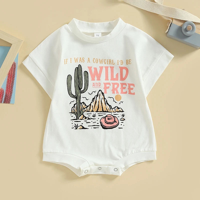 0-24M Infant Baby Girls Western Romper Short Sleeve Letter Cactus Cowgirl Hat Print Jumpsuits Summer Clothes