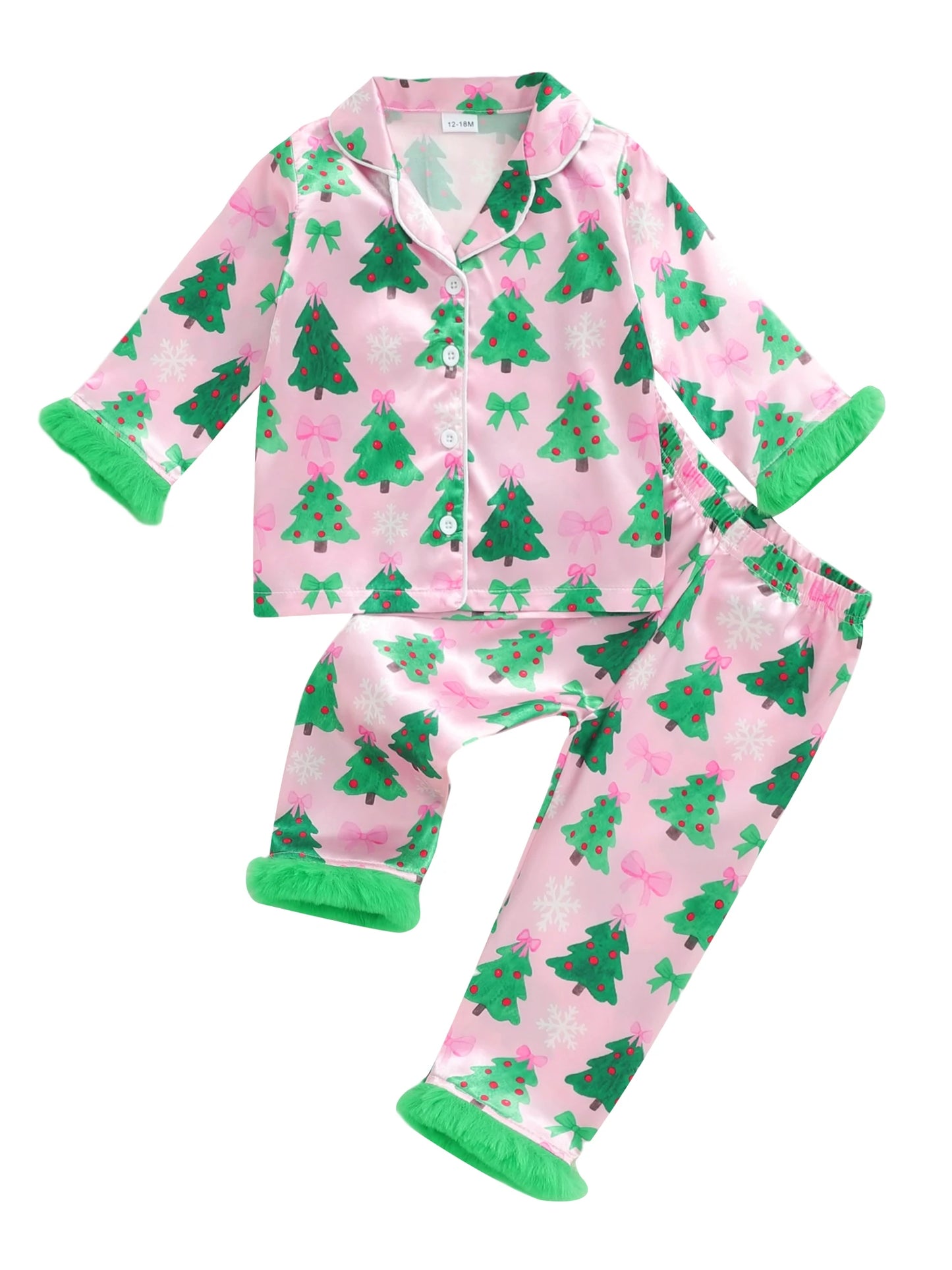 Kids Girls Christmas Satin Pyjamas Set - Tree Print Button Down Top & Pants (0-7Y)