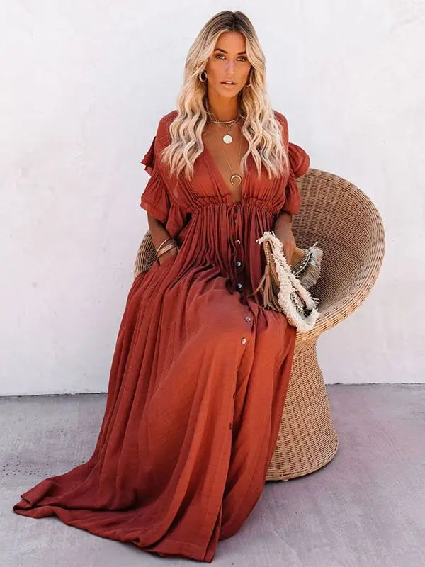 Women's Swimsuit Cover Ups Mandarin Sleeve Kaftan Beach Tunic Beach Dress