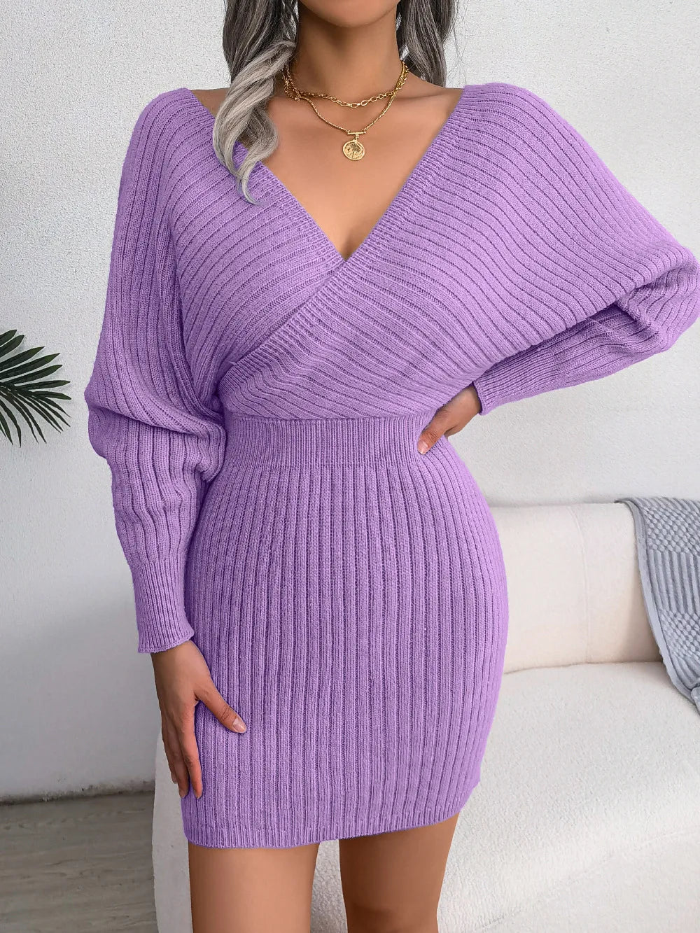 Women's Autumn Winter Cross V Neck Batwing Sleeve Casual Wrap Hip Woollen Dress