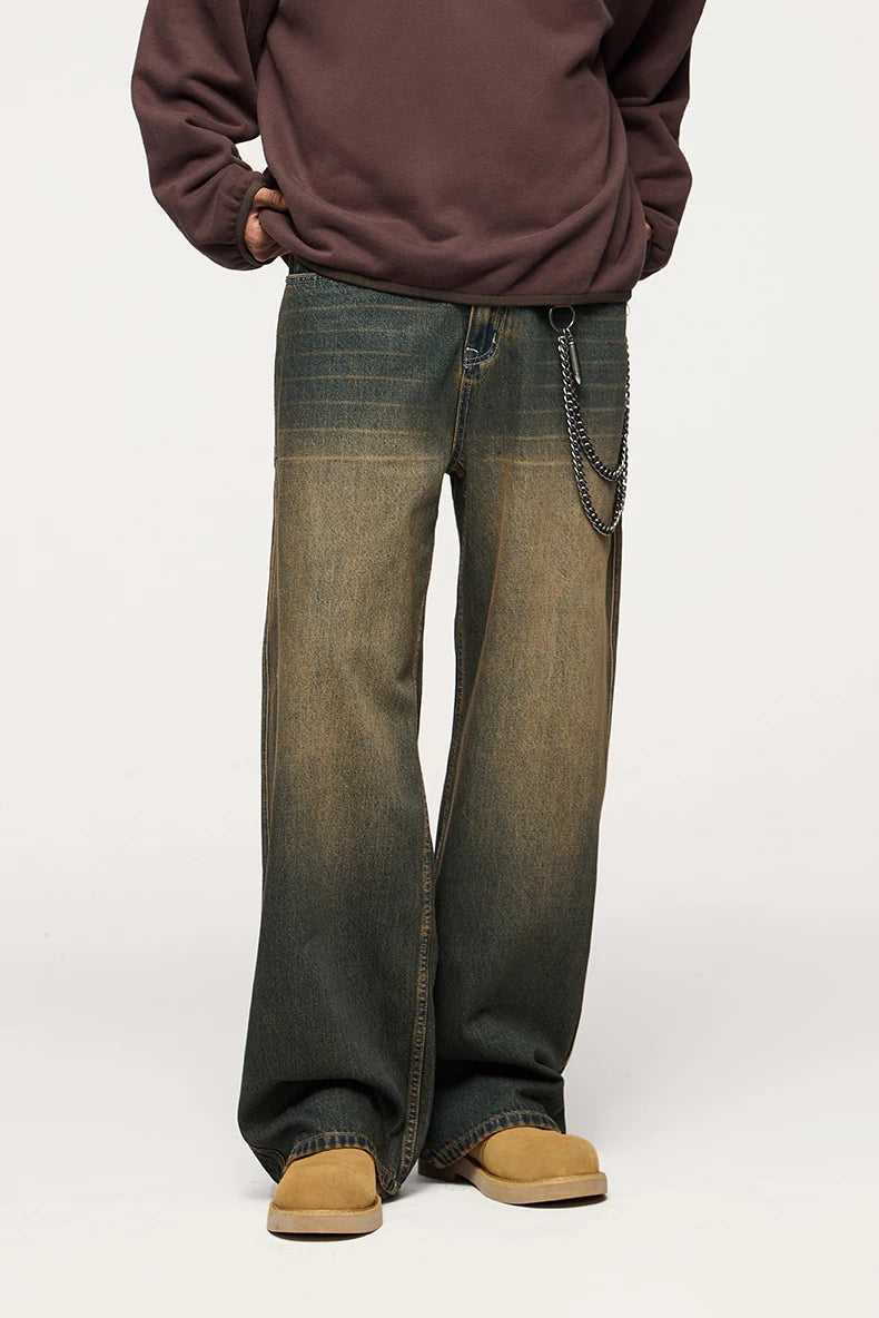Unisex Retro Washed Jeans Stretch Straight Leg Denim Trousers