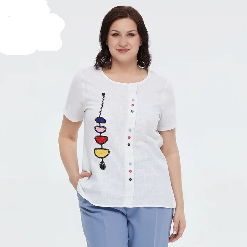 Women's Summer Cotton Linen Oversized Short Sleeve Sequins Button Top