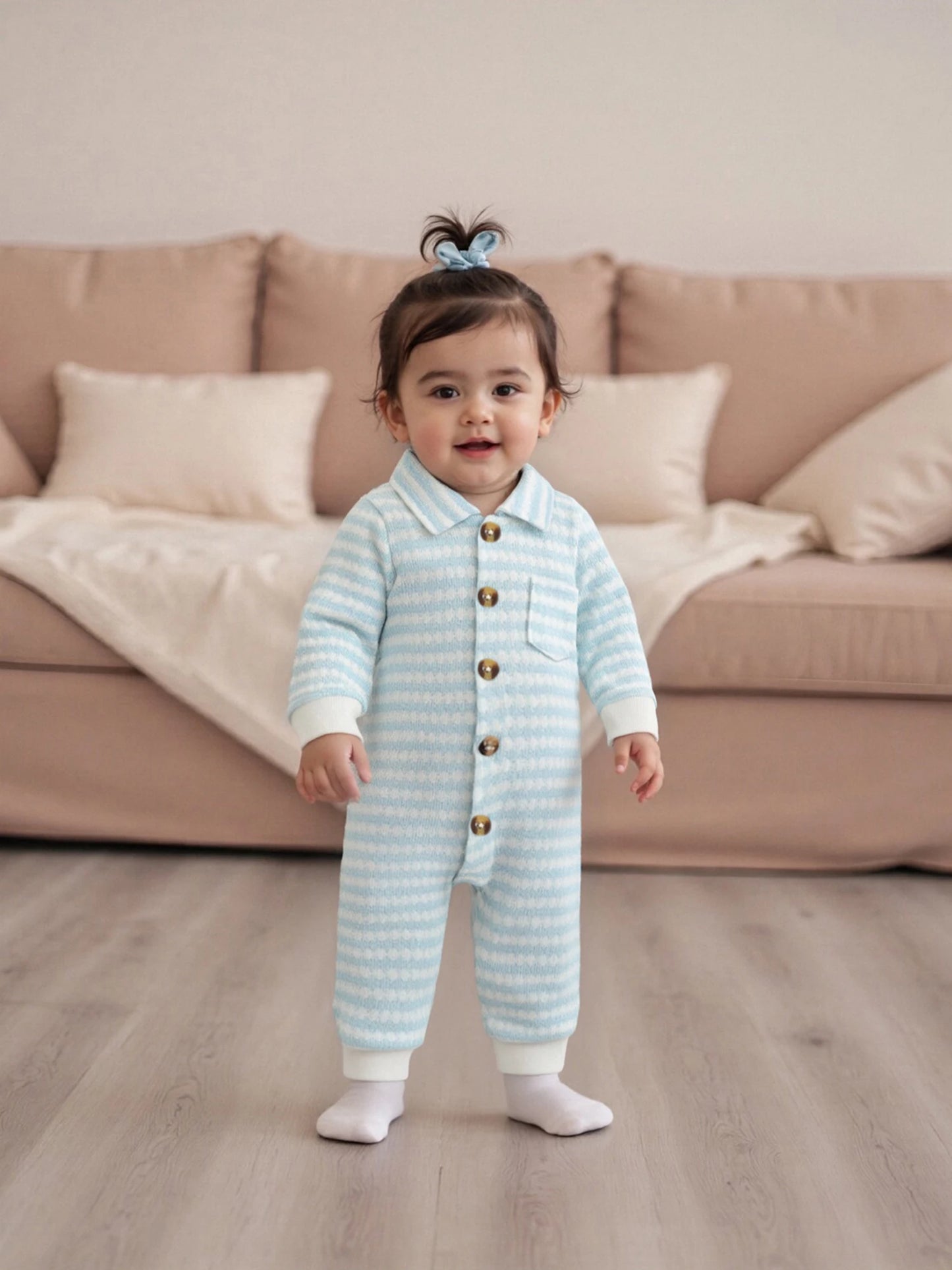 Newborn Baby Fall Winter Jumpsuit Set - Striped Turn-Down Collar Romper & Pants (0-18M)