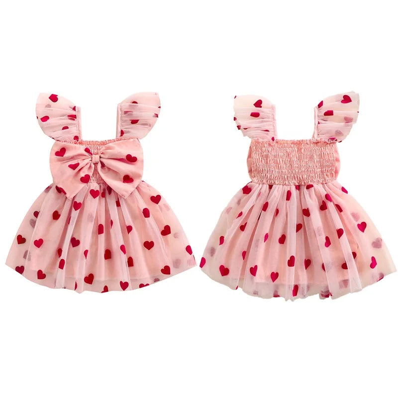 Little Girls' Princess Tulle Dress - Heart Print Ruffles 3D Bow Mesh Tutu