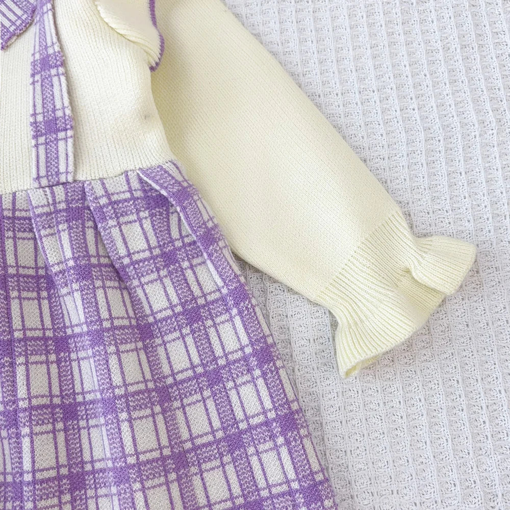 Girl's Long Sleeved Round Neck with Checkered Bow Patchwork Dress