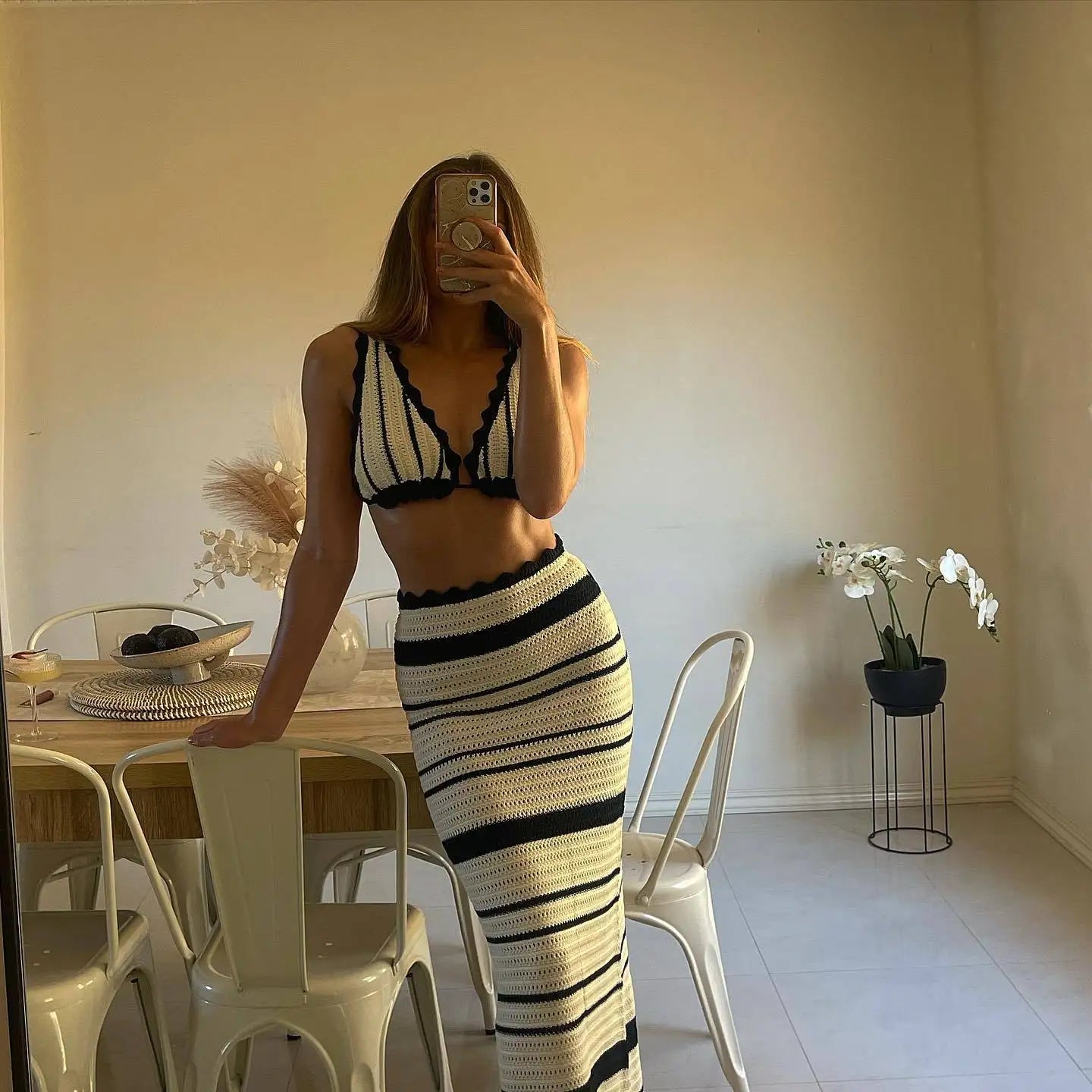 Women's Summer Beachwear Stripe Dress Set -Deep V Neck Knitted Top and Skirt 2 Piece Sets