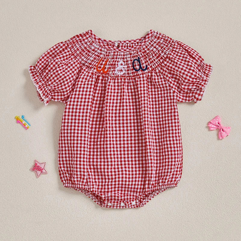 Baby Girls Independence Day Rompers - 3 Colors Letter Embroidery Plaid Print Short Sleeve Jumpsuits