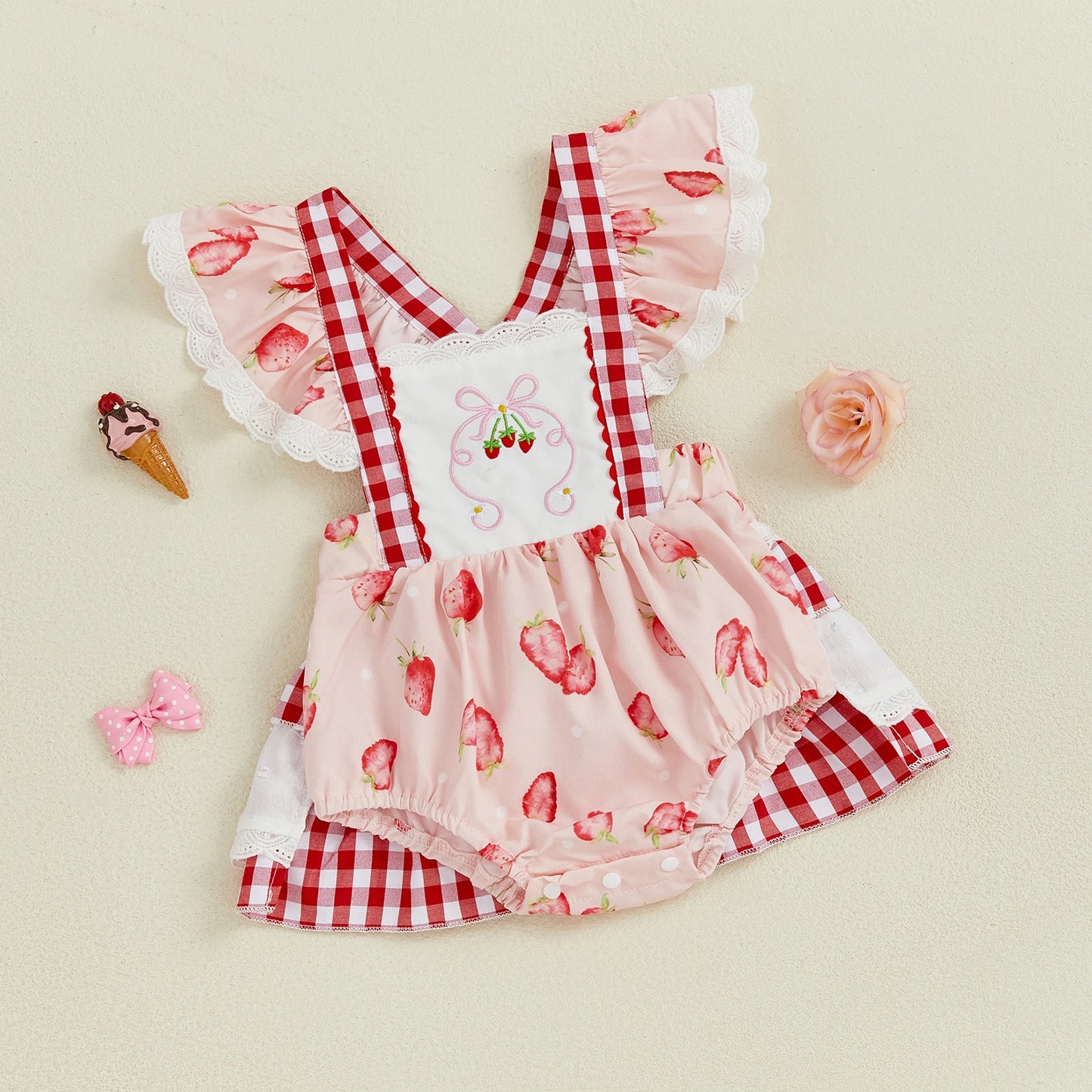 Baby Girls Strawberry Plaid Romper Dress - Flutter Sleeve Summer Jumpsuit (0-24M)