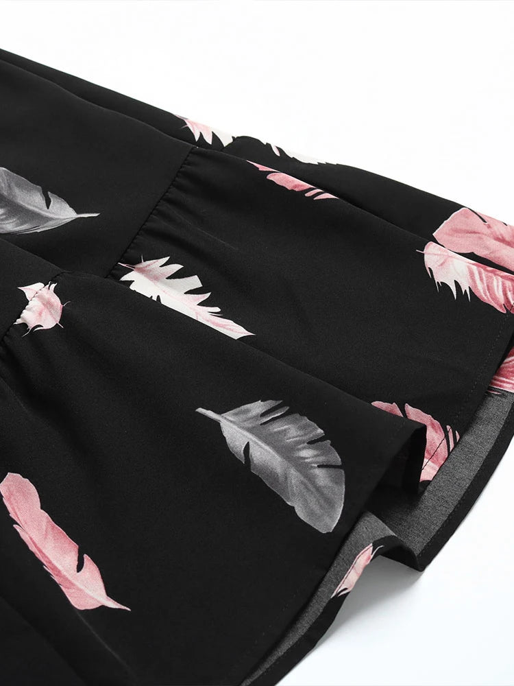 Women's Autumn Winter Casual Print Single Breasted Short Sleeve V Neck High Waist Dress
