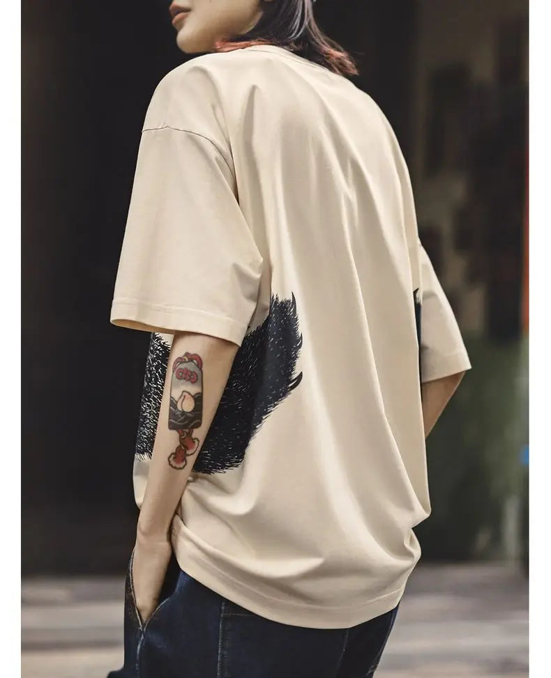 Women's Apricot Bear Print Oversized T-Shirt - Cute Loose Fit Ribbed Crew Neck Summer Tee