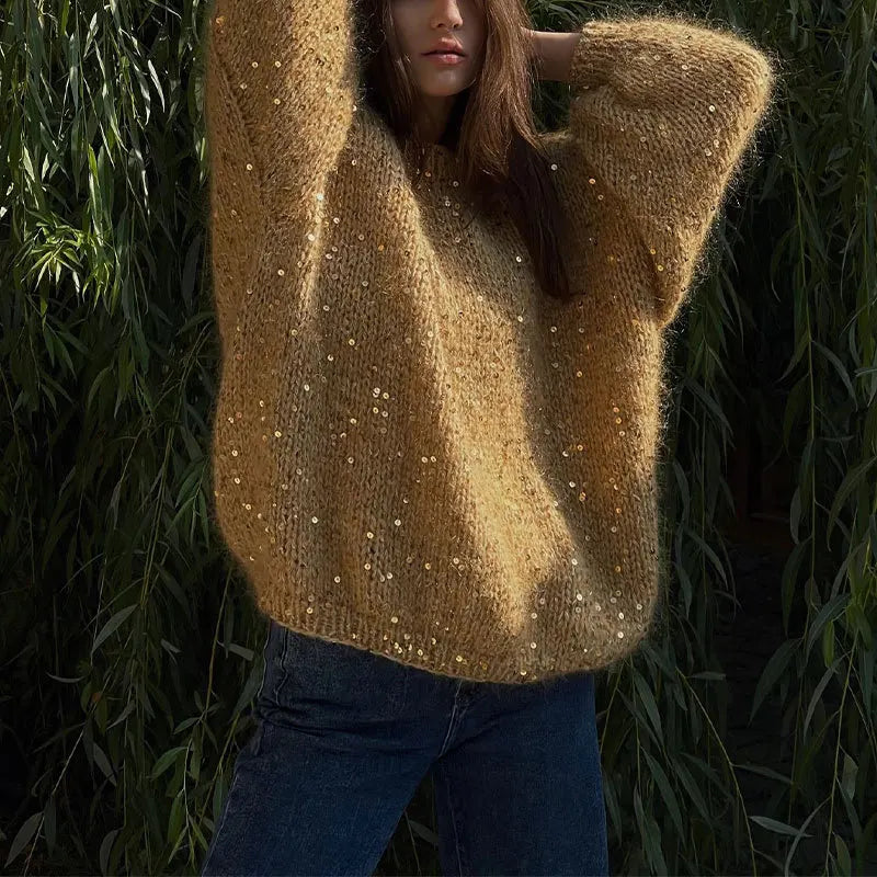 Women's Sequined Mohair Loose Round neck Lantern Long Sleeve Glitter Knitted Pullover Sweater