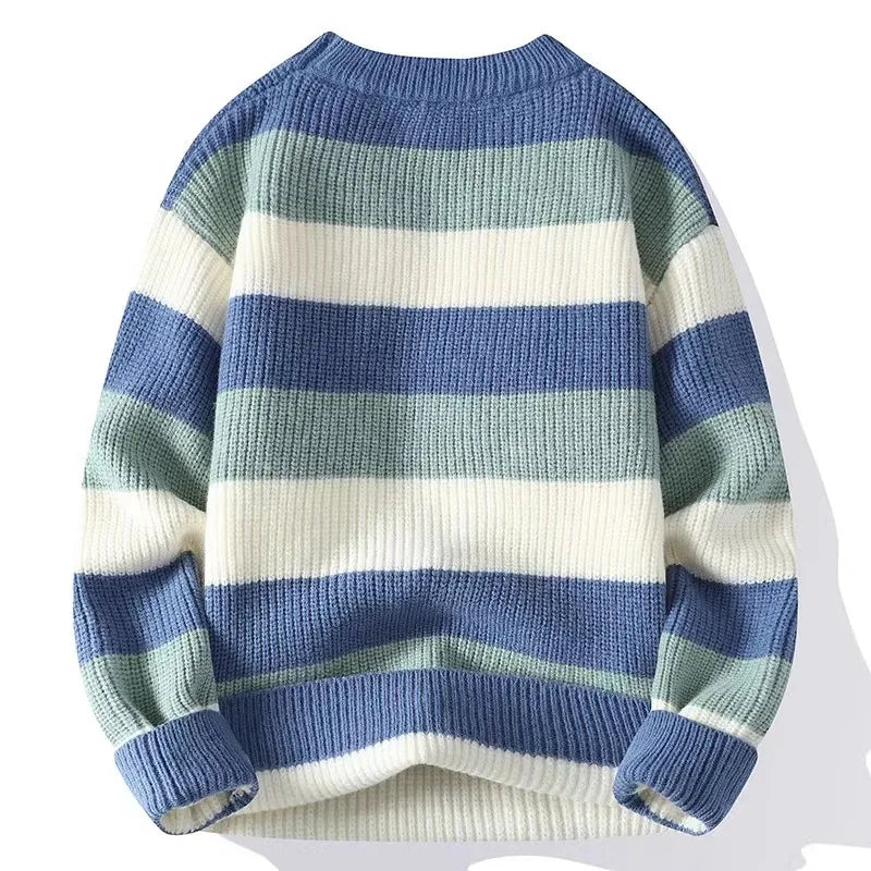 Men's Striped Round-Neck Casual Knit Pullovers Long Sleeve Knitted Sweater