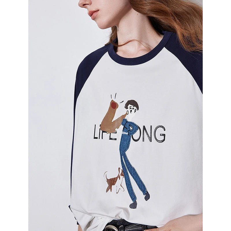 Women's Long Sleeve Lyocell Denim Patchwork Embroidery Cotton Pullover T-Shirt