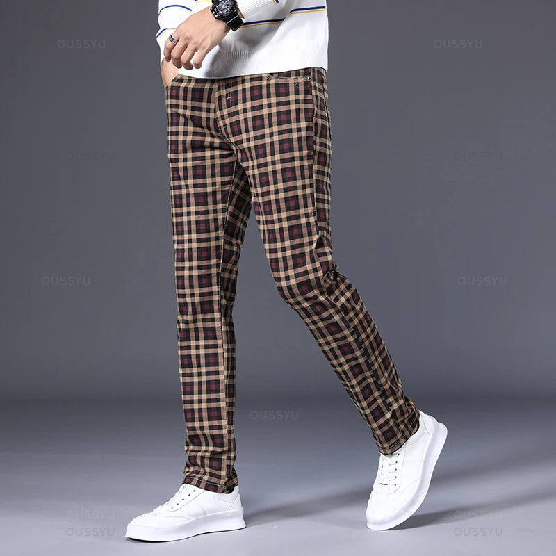 Men's Plaid 98% Cotton Stretch Straight Classic Trousers