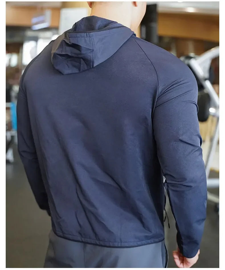 Men's Nylon Sport Coat Gym Fitness Hoodies Outdoor Workout Tops Hooded Training Running Zipped Jacket